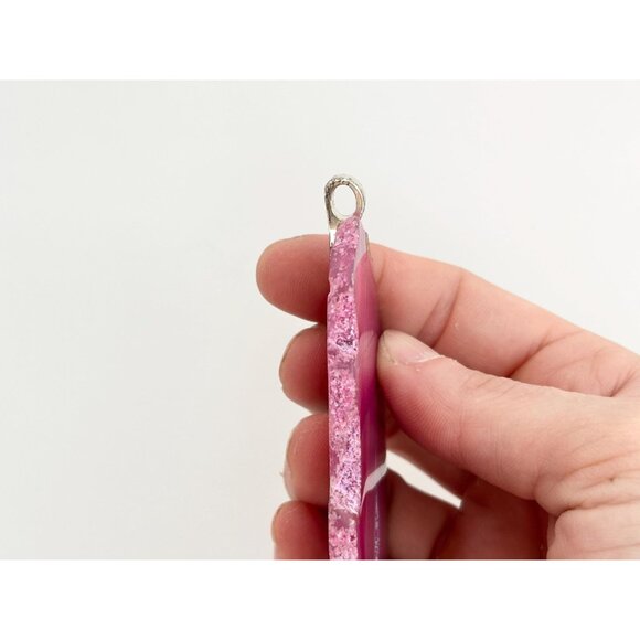 Pink Agate Sliced Geode Crystal Freeform Shaped Large Gold T Vintage Pendant - Picture 9 of 13